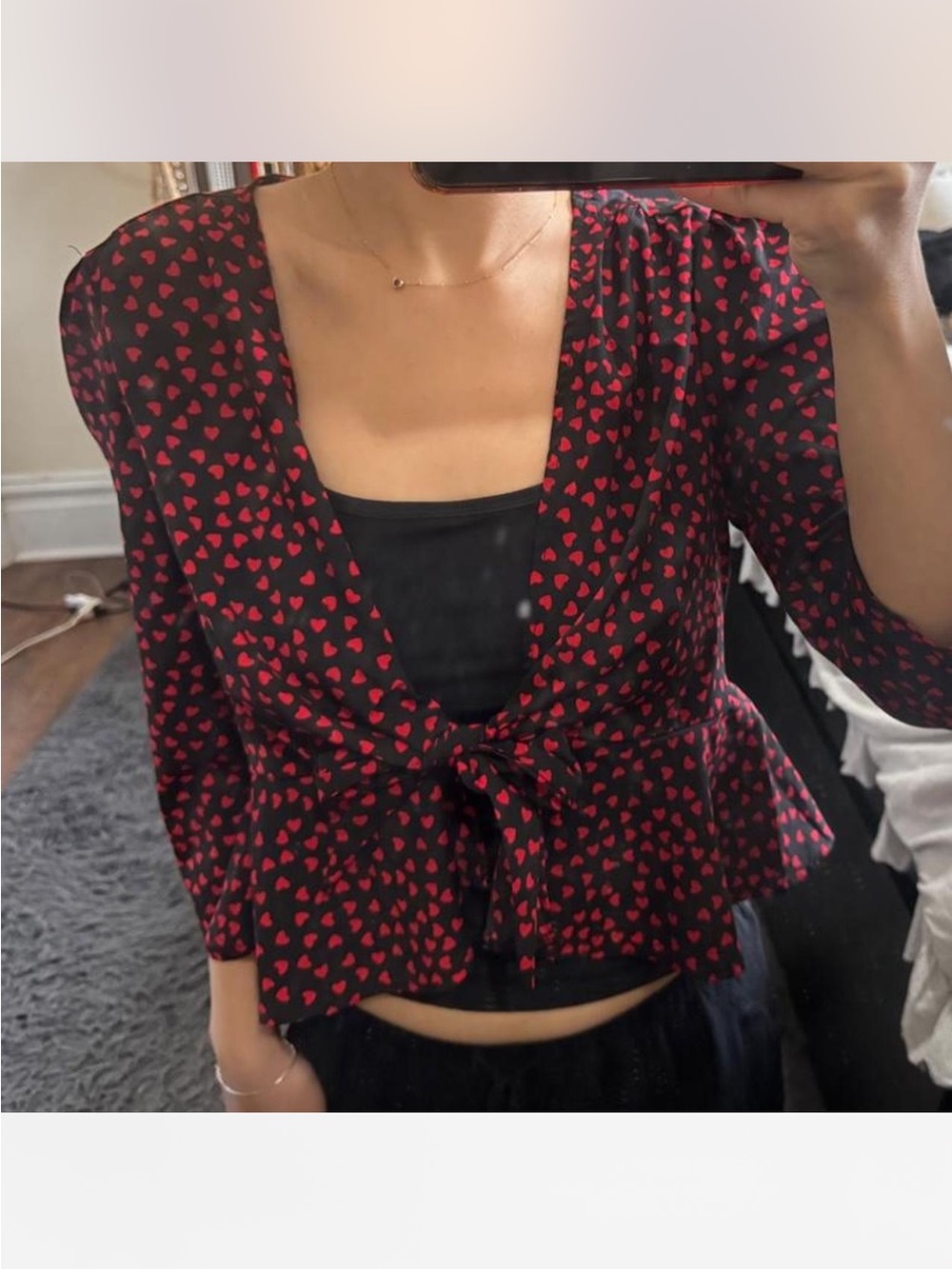 Nic & Jo Women’s Black Tie-Front Top with Red Heart Print